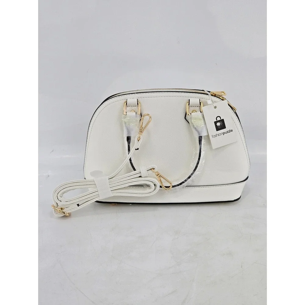 Fashion Puzzle Dome Satchel Handbag Womens Small White Saffiano Faux Leather NEW